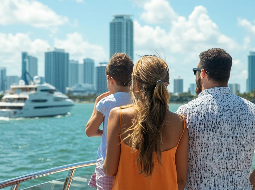 a family enjoying the views from the cruise around Biscayne Bay. 